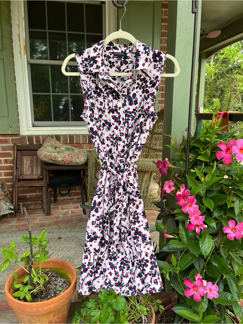 Banana Republic White Midi Shirt Dress with Pink & Navy Floral Print